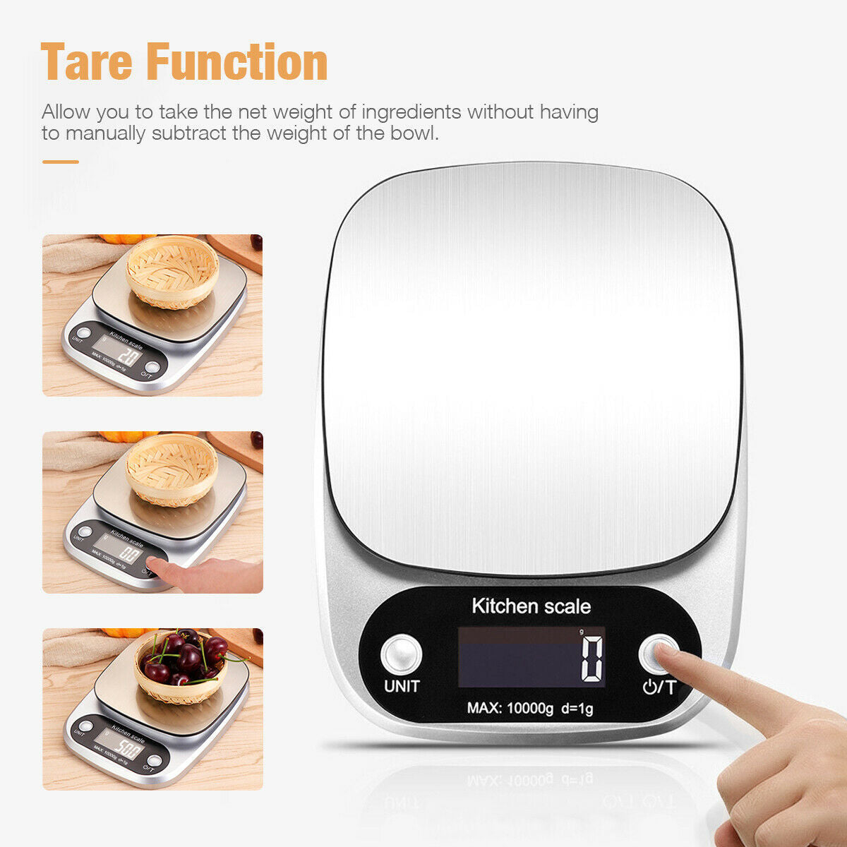 Balance de cuisine numérique multifonction, idéale pour le régime alimentaire, capacité jusqu’à 10 kg (22 lbs) avec une précision de 1 g, plateau en acier inoxydable.