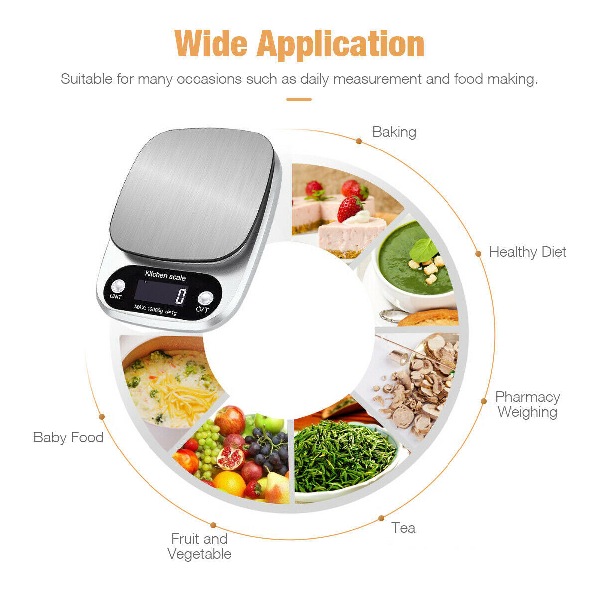 Balance de cuisine numérique multifonction, idéale pour le régime alimentaire, capacité jusqu’à 10 kg (22 lbs) avec une précision de 1 g, plateau en acier inoxydable.