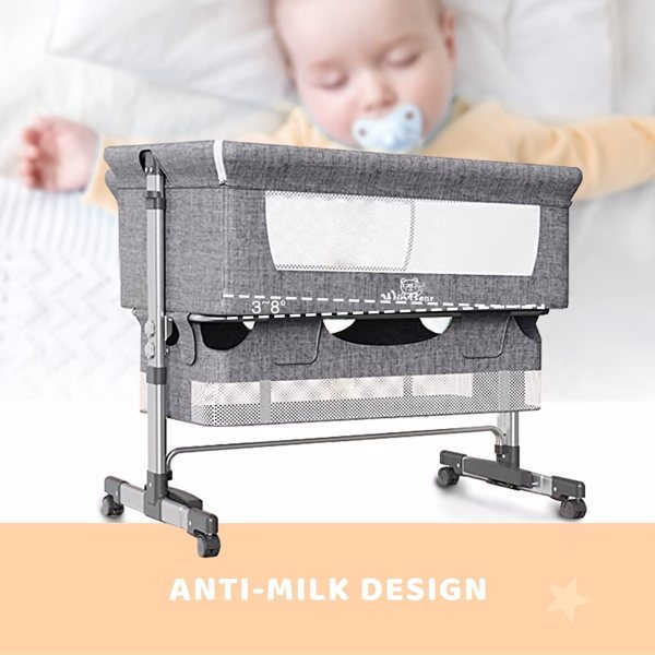 Berceau de chevet 3 en 1 avec moustiquaire, grand sac de rangement, matelas confortable avec roulettes verrouillables, gris