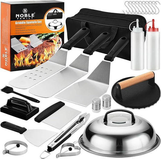 Kit 27 accessoires plancha & BBQ – Spatules pro, cloche à fromage & presse à burger
