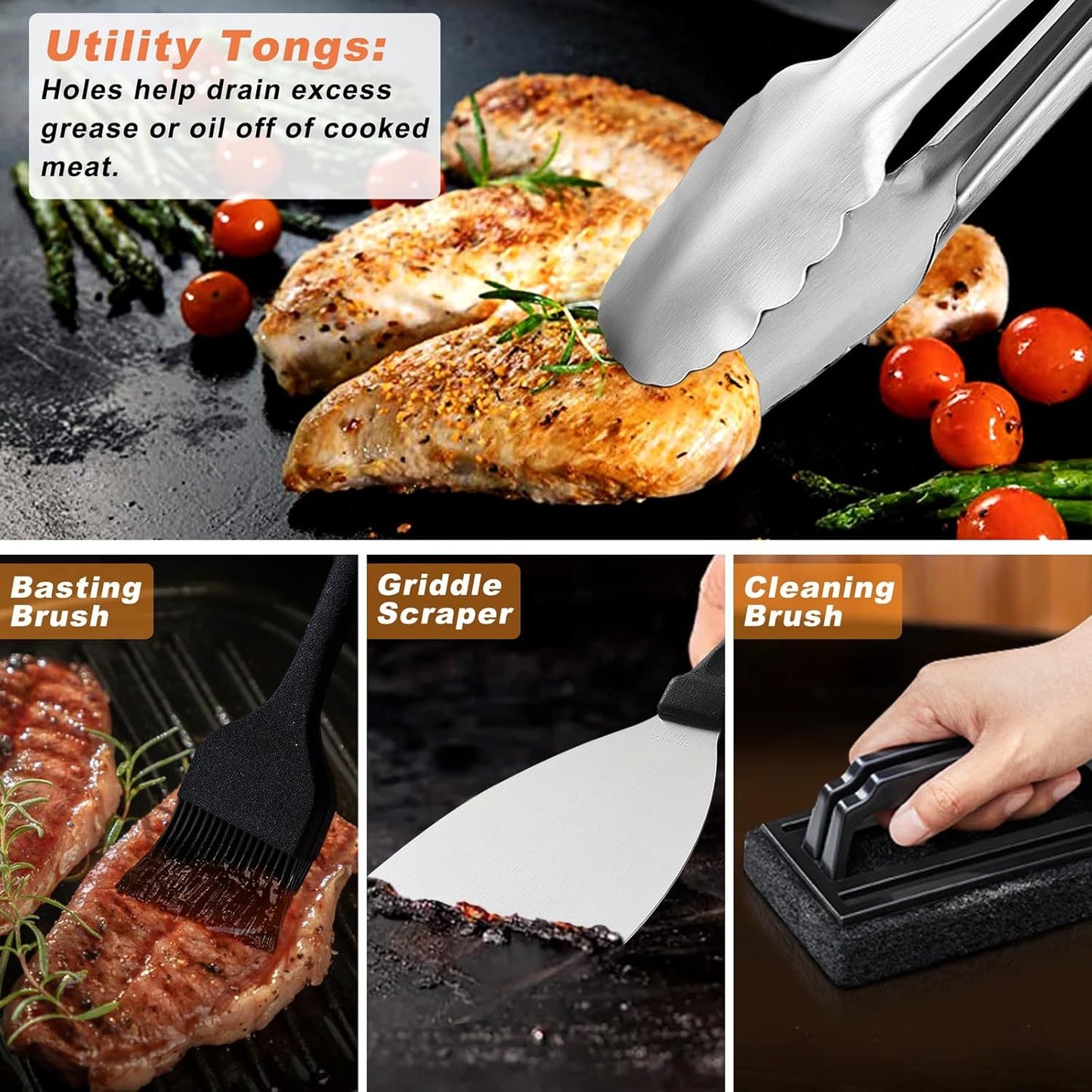 Kit 27 accessoires plancha & BBQ – Spatules pro, cloche à fromage & presse à burger