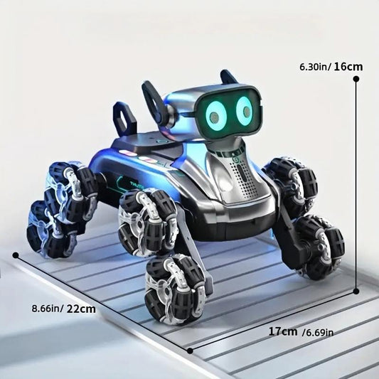 Chien robot cascadeur argenté à huit roues et double télécommande