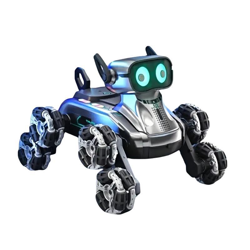 Chien robot cascadeur argenté à huit roues et double télécommande