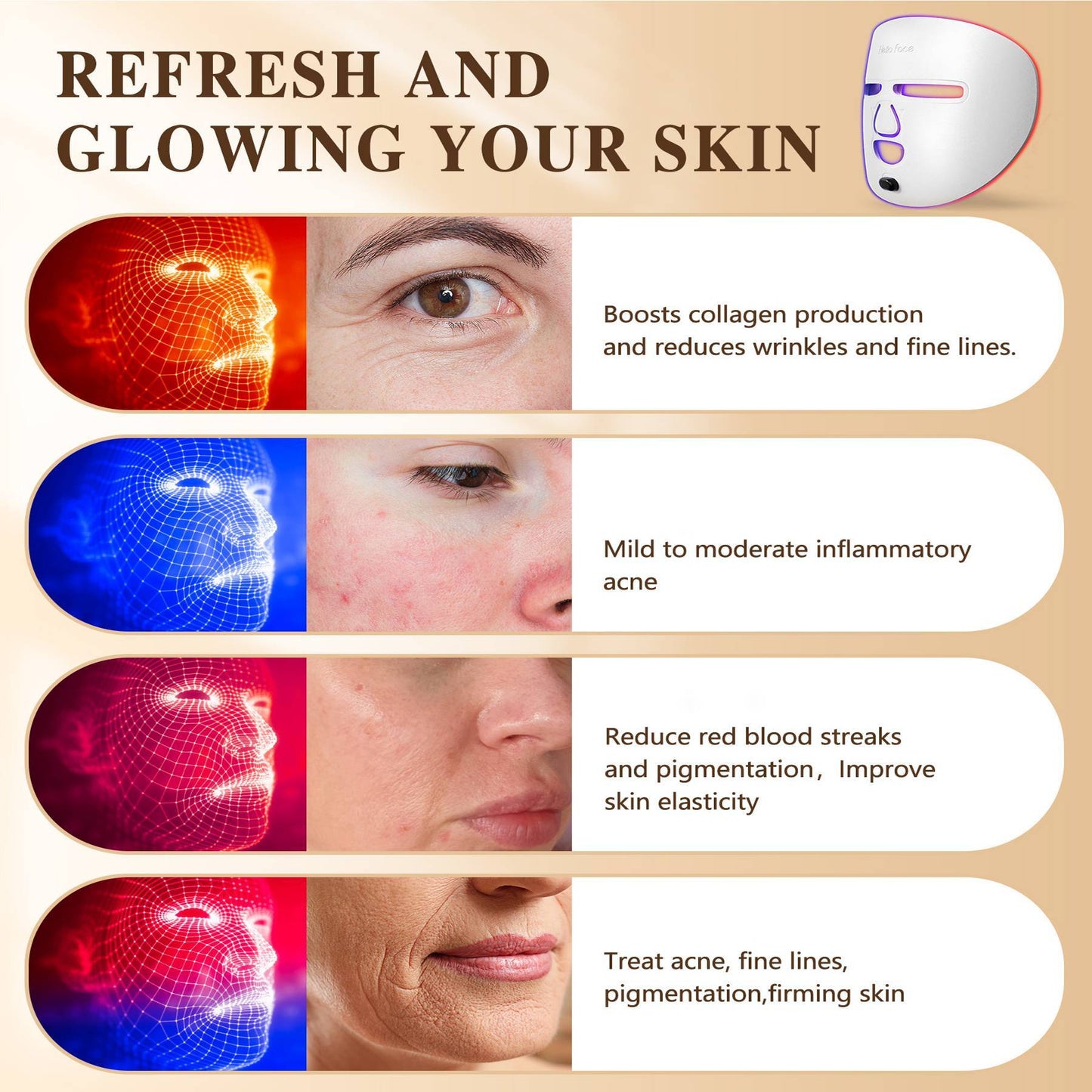Masque de soin du visage à LED, masque de luminothérapie rouge pour le visage, pour la maison et les voyages
