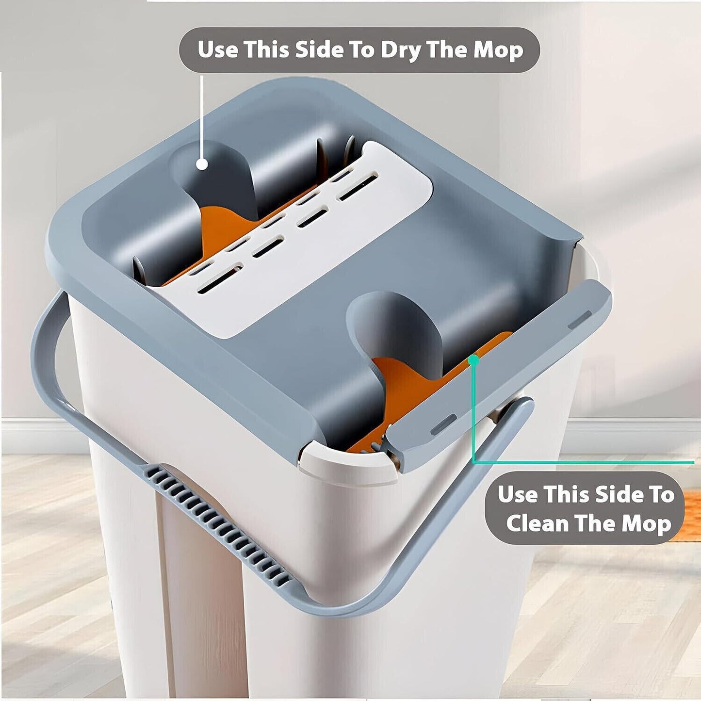 Kit serpillière plate multifonction avec seau essoreur et 10 tampons de rechange.