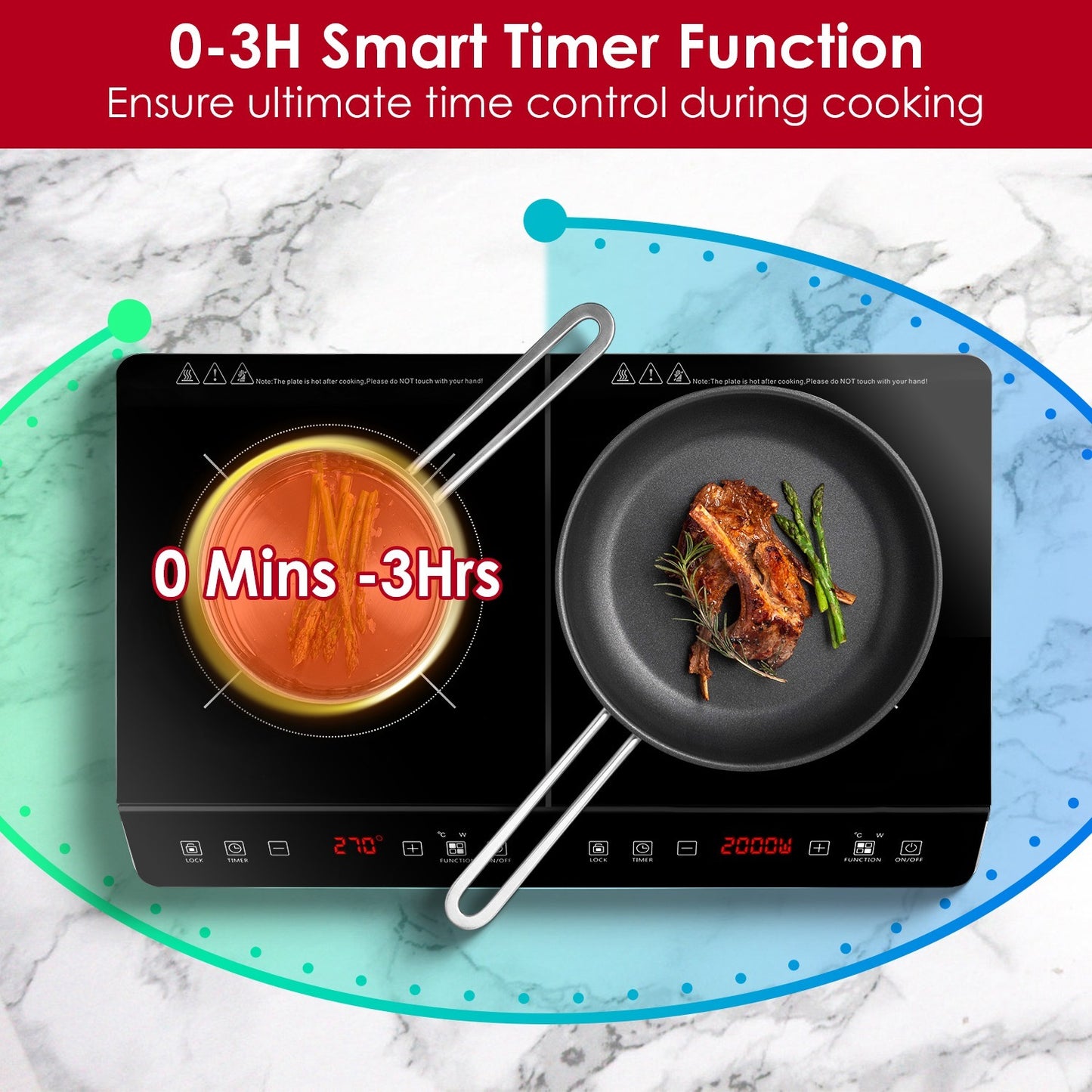 1 pièce – Plaque à induction portable 4000W, double foyer électrique, cuisinière de comptoir avec 9 niveaux de puissance, 9 niveaux de température et minuteur 3h.