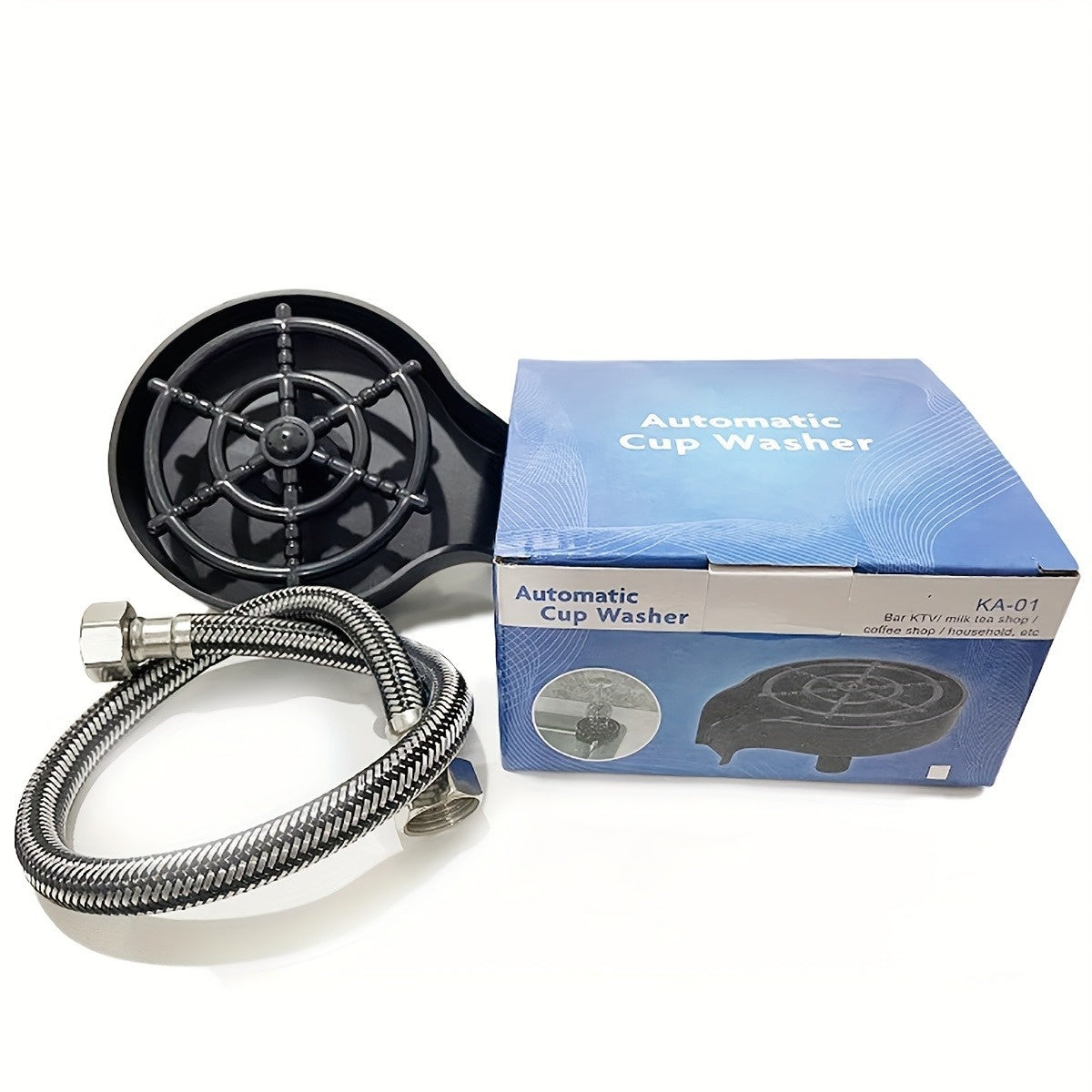 Kit de nettoyage automatique de verres à pression manuelle, avec tuyau de raccordement, idéal pour bars, restaurants et usage domestique.