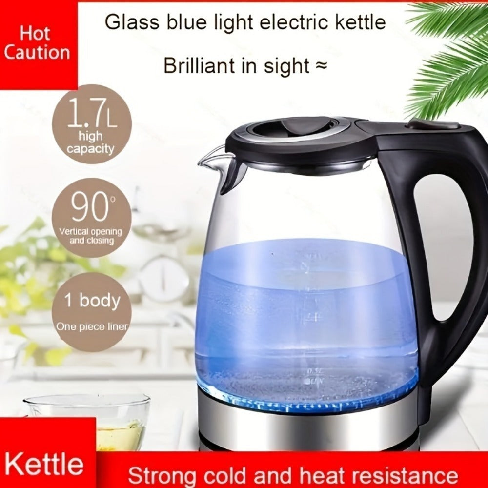 Bouilloire électrique avec filtre et couvercle intérieur en acier inoxydable, 1200W, large ouverture, capacité 1,7 L, corps en verre, idéale pour le thé et l’eau chaude, coloris noir.