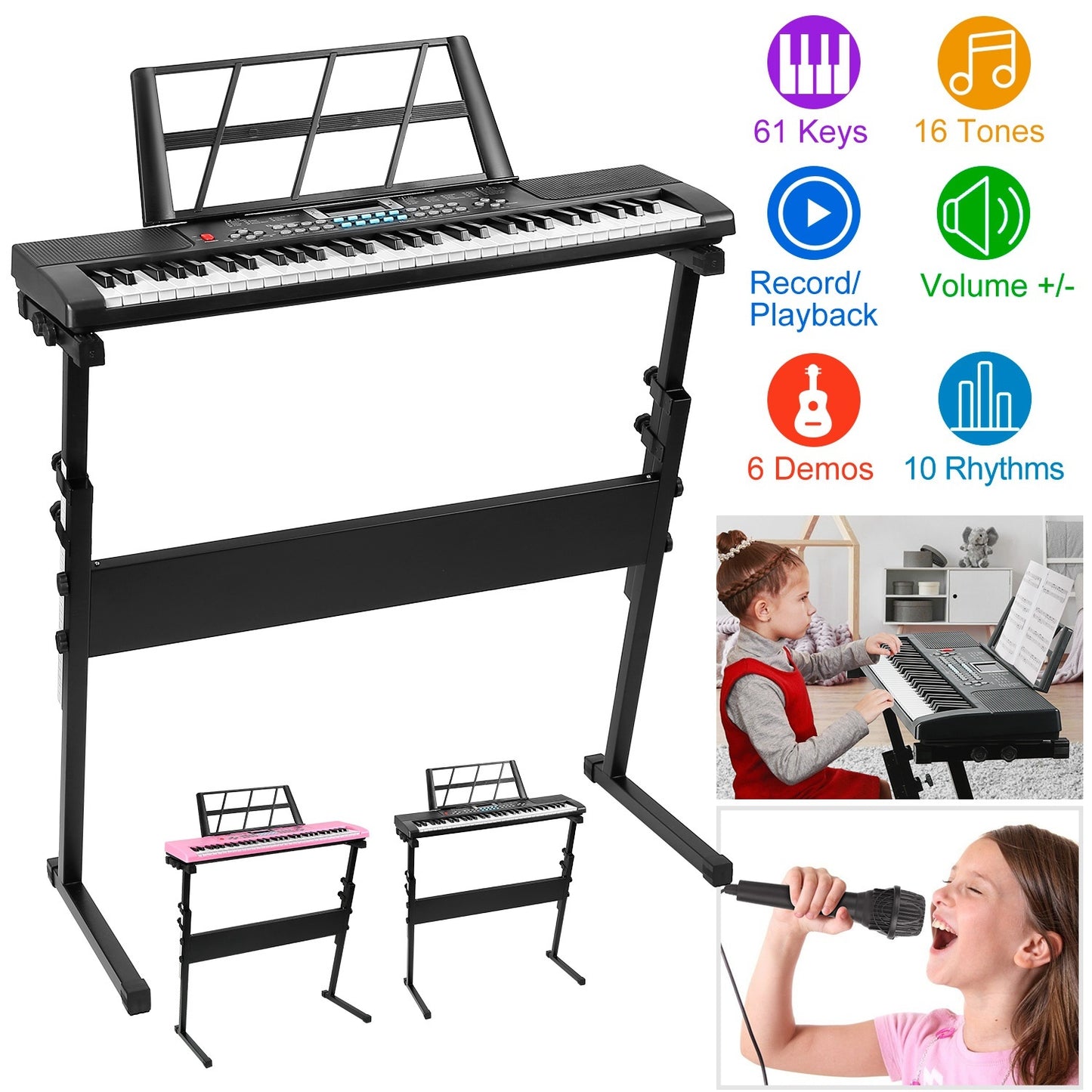 Clavier électronique numérique 61 touches, instrument de musique électrique, clavier d'apprentissage pour enfants avec microphone sur pied pour débutants
