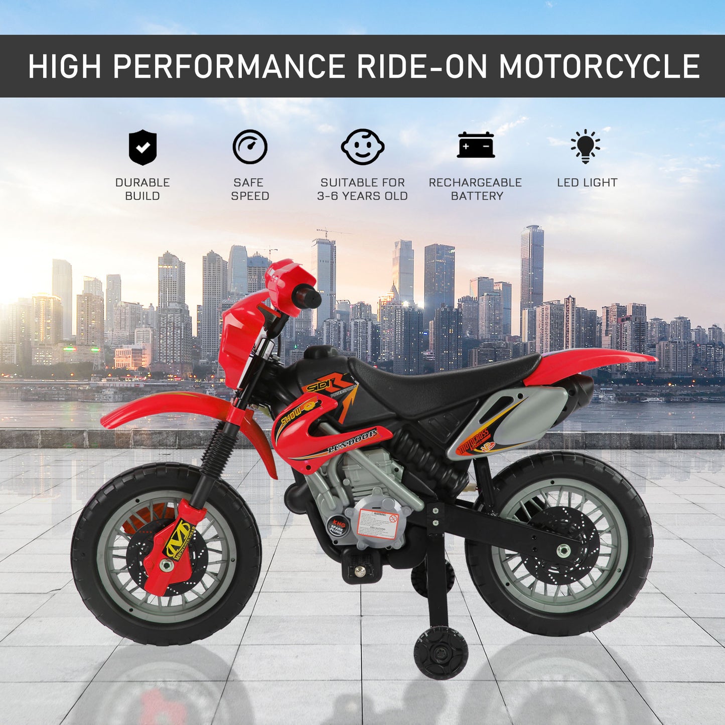 Moto électrique 6 V pour enfants avec roues d'entraînement, à piles, rouge