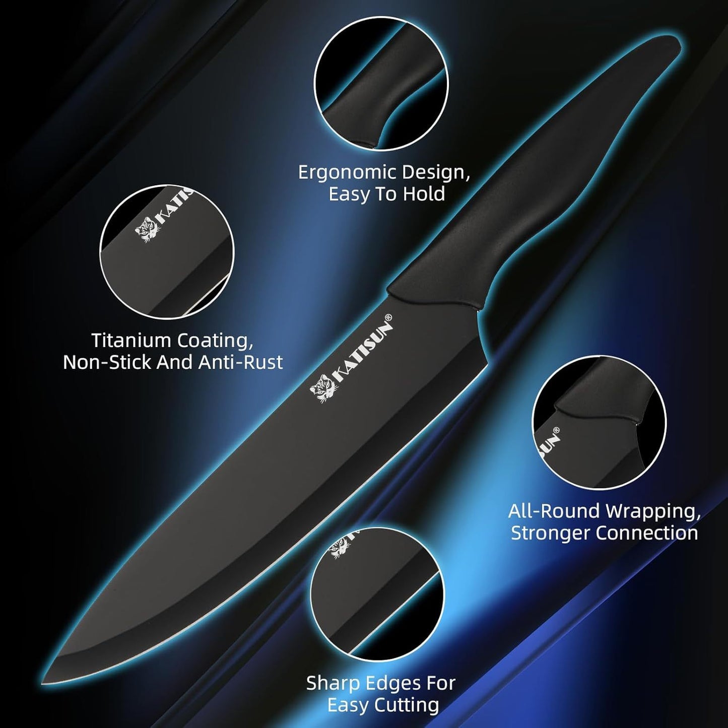 Set de 16 couteaux de cuisine en acier inoxydable avec planche à découper, aiguiseur intégré et manches antidérapants, lavables au lave-vaisselle.
