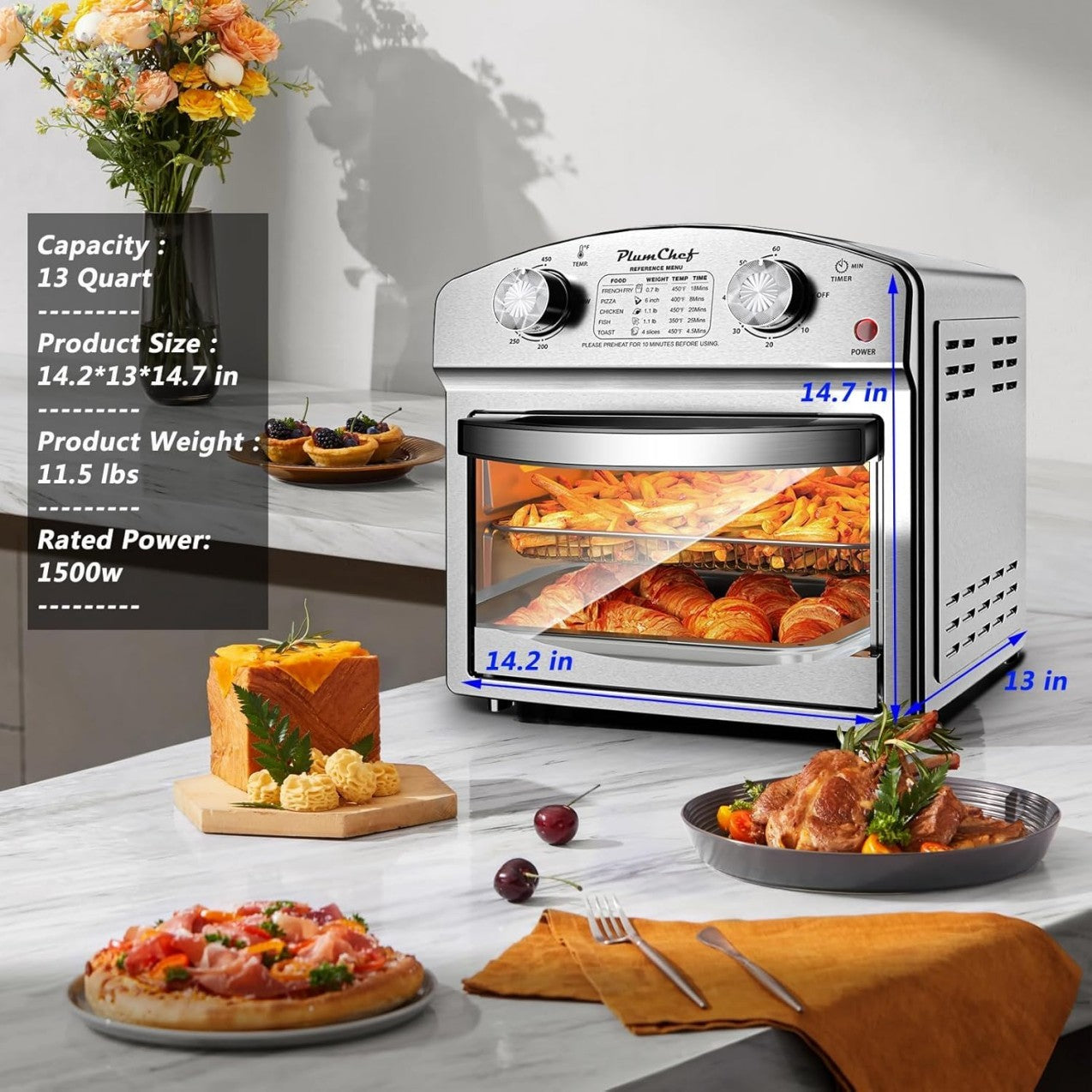 Friteuse à air en acier inoxydable 12,5 L, contrôle à double bouton, minuteur 60 min, programmes prédéfinis pour frites, pizza, poulet, poisson et toast. Design élégant, cuisson saine.