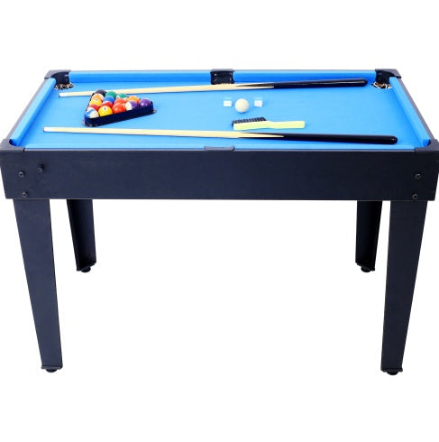 Table multi-jeux 5 en 1 : billard, baby-foot, ping-pong et basket-ball, noir et bleu