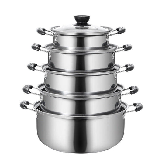Lot de 5 casseroles en acier inoxydable, compatibles induction, idéales pour la cuisine quotidienne.