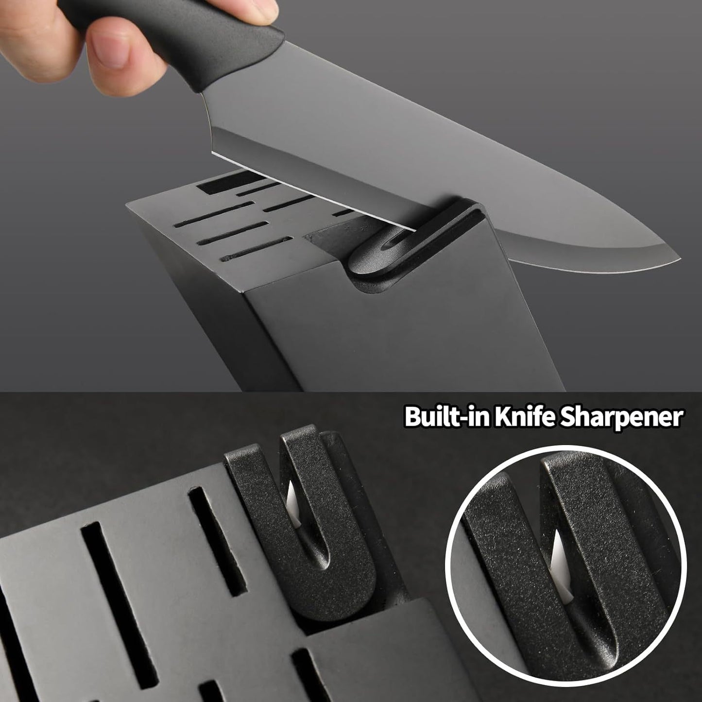 Set de 16 couteaux de cuisine en acier inoxydable avec planche à découper, aiguiseur intégré et manches antidérapants, lavables au lave-vaisselle.