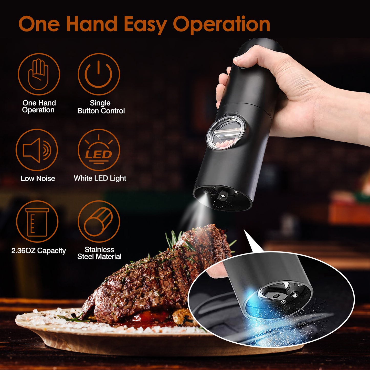 Moulin électrique à sel et poivre rechargeable avec base de charge – Moulin automatique avec indicateur LED, réglage de la mouture, utilisation à une main facile