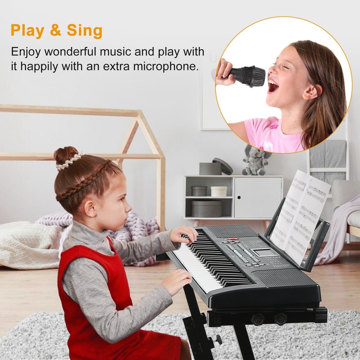 Clavier électronique numérique 61 touches, instrument de musique électrique, clavier d'apprentissage pour enfants avec microphone sur pied pour débutants