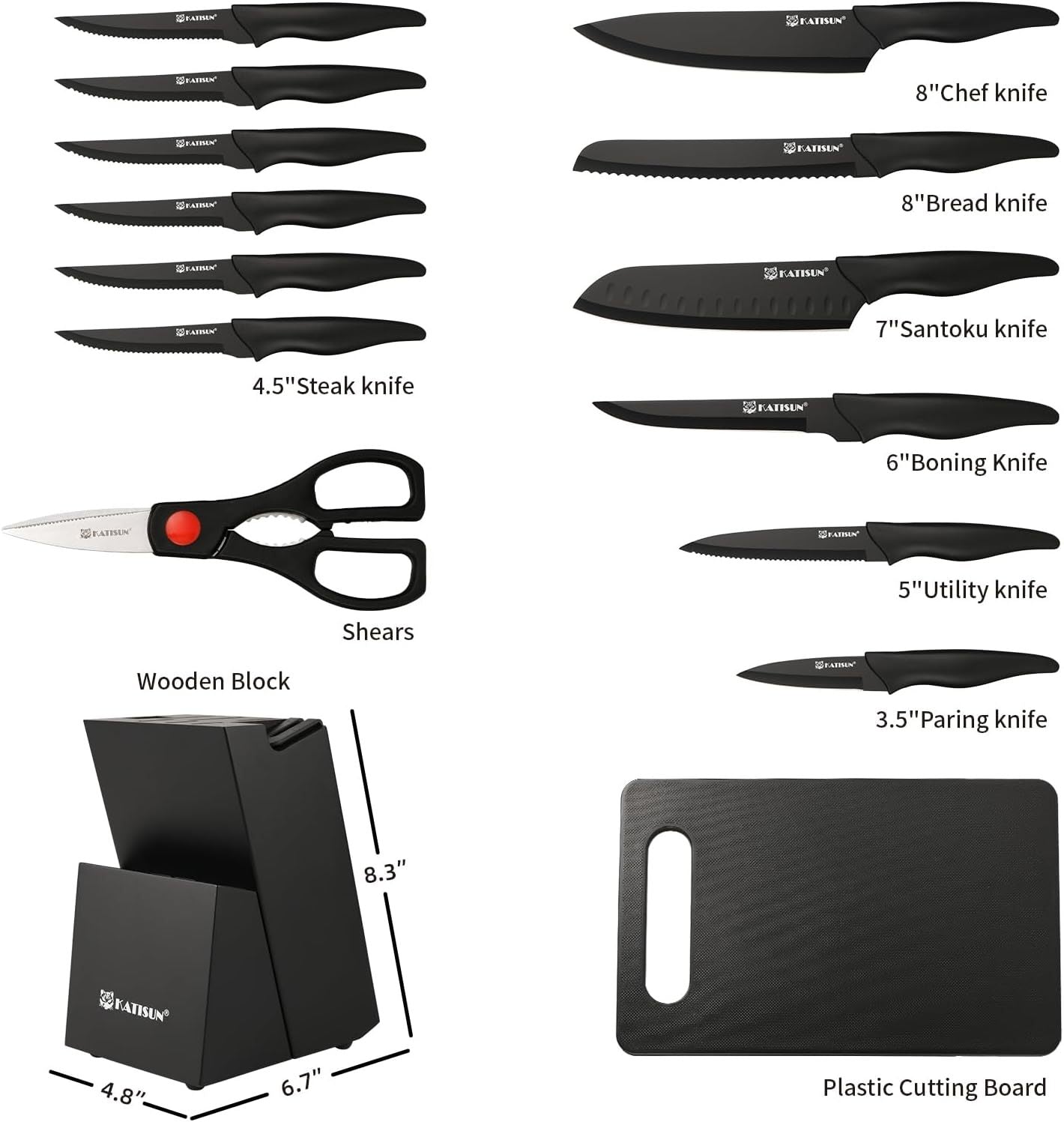 Set de 16 couteaux de cuisine en acier inoxydable avec planche à découper, aiguiseur intégré et manches antidérapants, lavables au lave-vaisselle.