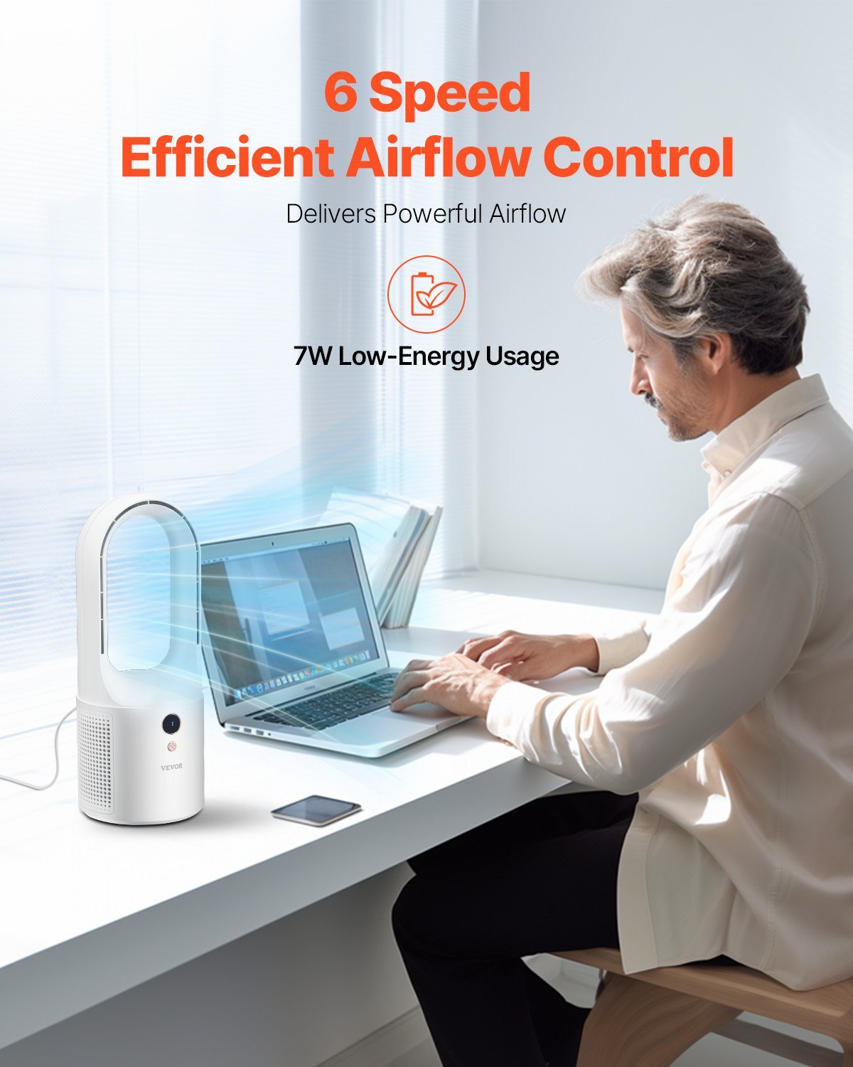Ventilateur de bureau portable sans pales, silencieux, 6 vitesses, pour chambre et bureau