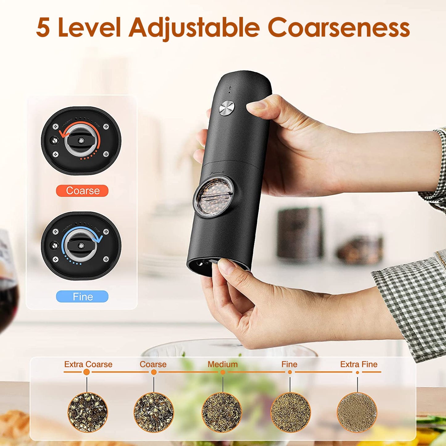 Moulin électrique à sel et poivre rechargeable avec base de charge – Moulin automatique avec indicateur LED, réglage de la mouture, utilisation à une main facile