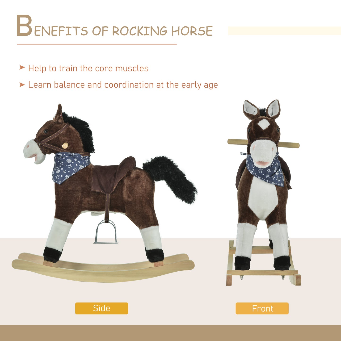 Plush Cowboy Rocking Horse, Wooden Ride-On With Realistic Sounds, Wild West Fun, Brown, For 3-6 Years