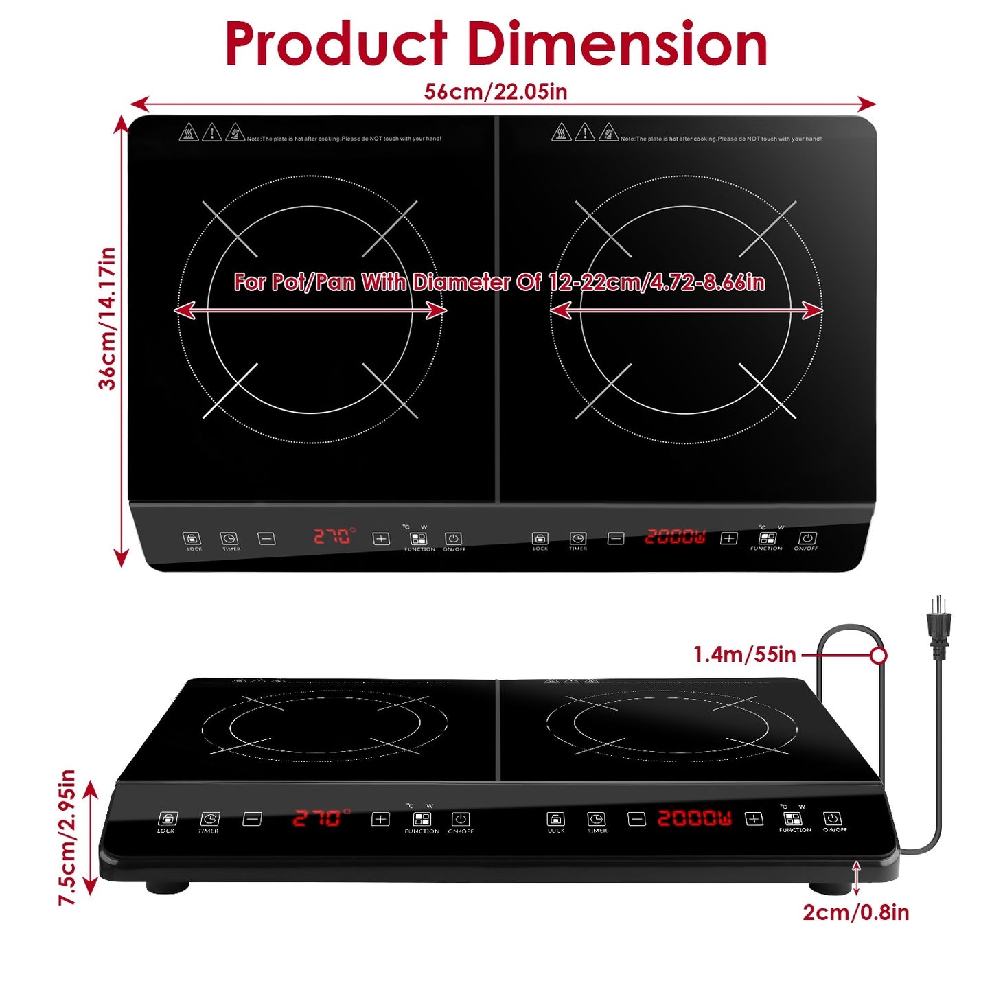 1 pièce – Plaque à induction portable 4000W, double foyer électrique, cuisinière de comptoir avec 9 niveaux de puissance, 9 niveaux de température et minuteur 3h.