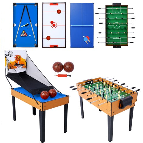 Table multi-jeux 5 en 1 : billard, baby-foot, ping-pong et basket-ball, noir et bleu