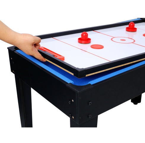 Table multi-jeux 5 en 1 : billard, baby-foot, ping-pong et basket-ball, noir et bleu