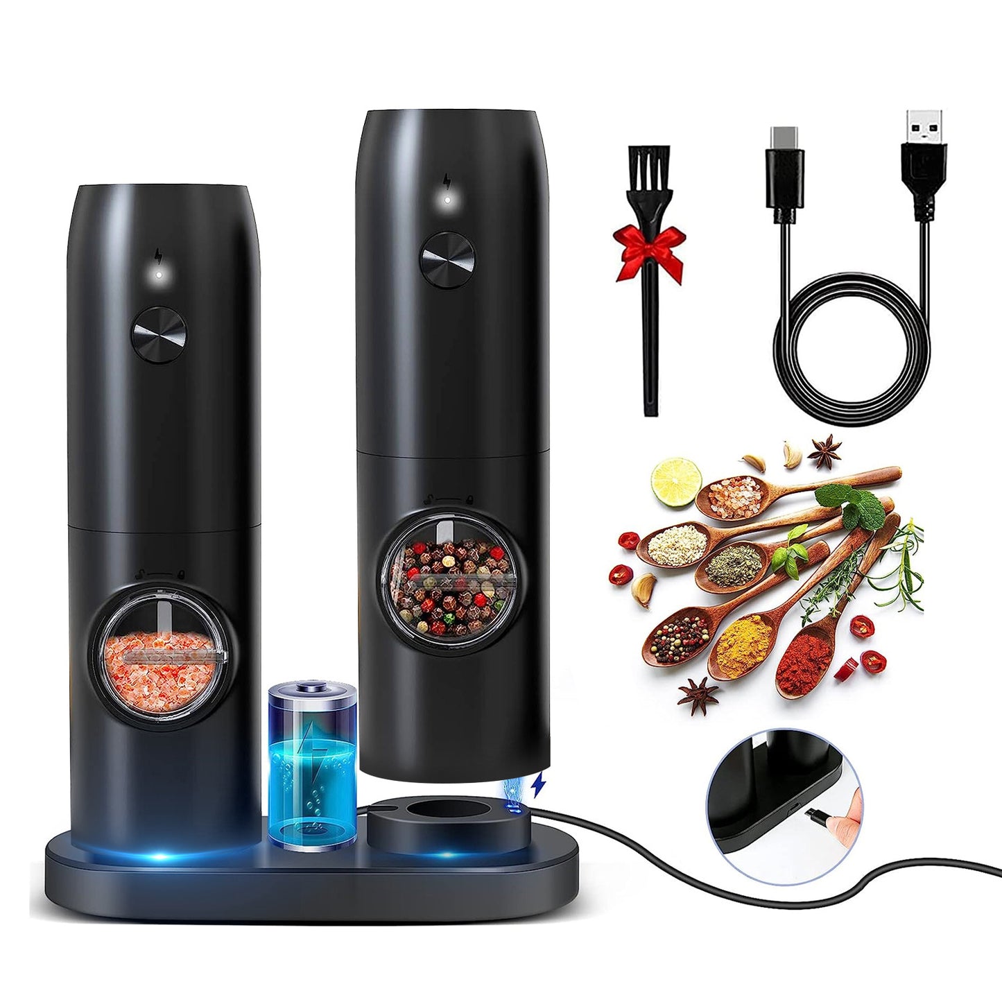 Moulin électrique à sel et poivre rechargeable avec base de charge – Moulin automatique avec indicateur LED, réglage de la mouture, utilisation à une main facile