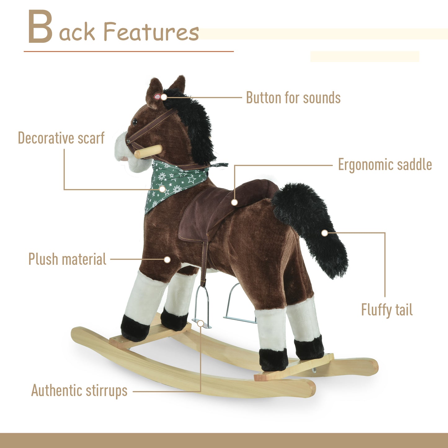 Plush Cowboy Rocking Horse, Wooden Ride-On With Realistic Sounds, Wild West Fun, Brown, For 3-6 Years