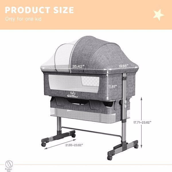 Berceau de chevet 3 en 1 avec moustiquaire, grand sac de rangement, matelas confortable avec roulettes verrouillables, gris