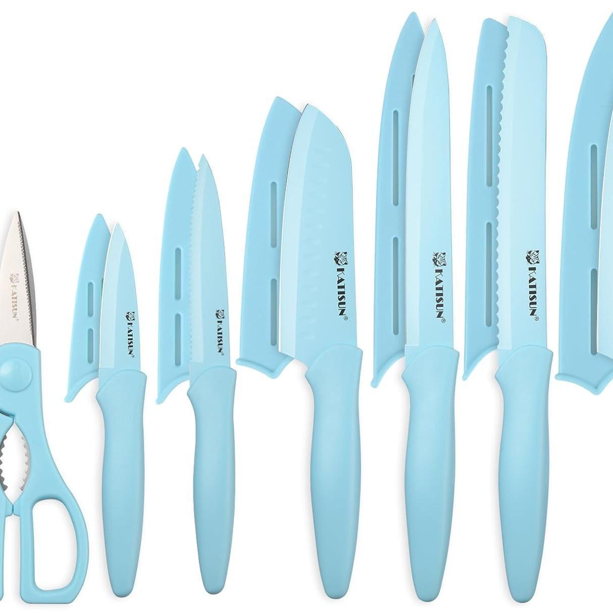 Set de 13 couteaux de cuisine roses antiadhésifs – Avec étuis & ciseaux – Antirouille & compatible lave-vaisselle
