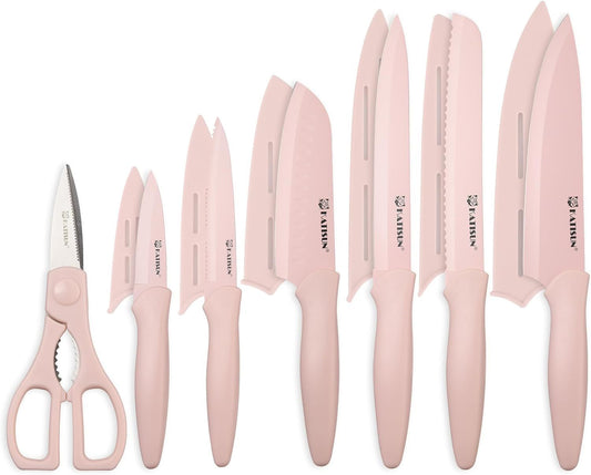Set de 13 couteaux de cuisine roses antiadhésifs – Avec étuis & ciseaux – Antirouille & compatible lave-vaisselle