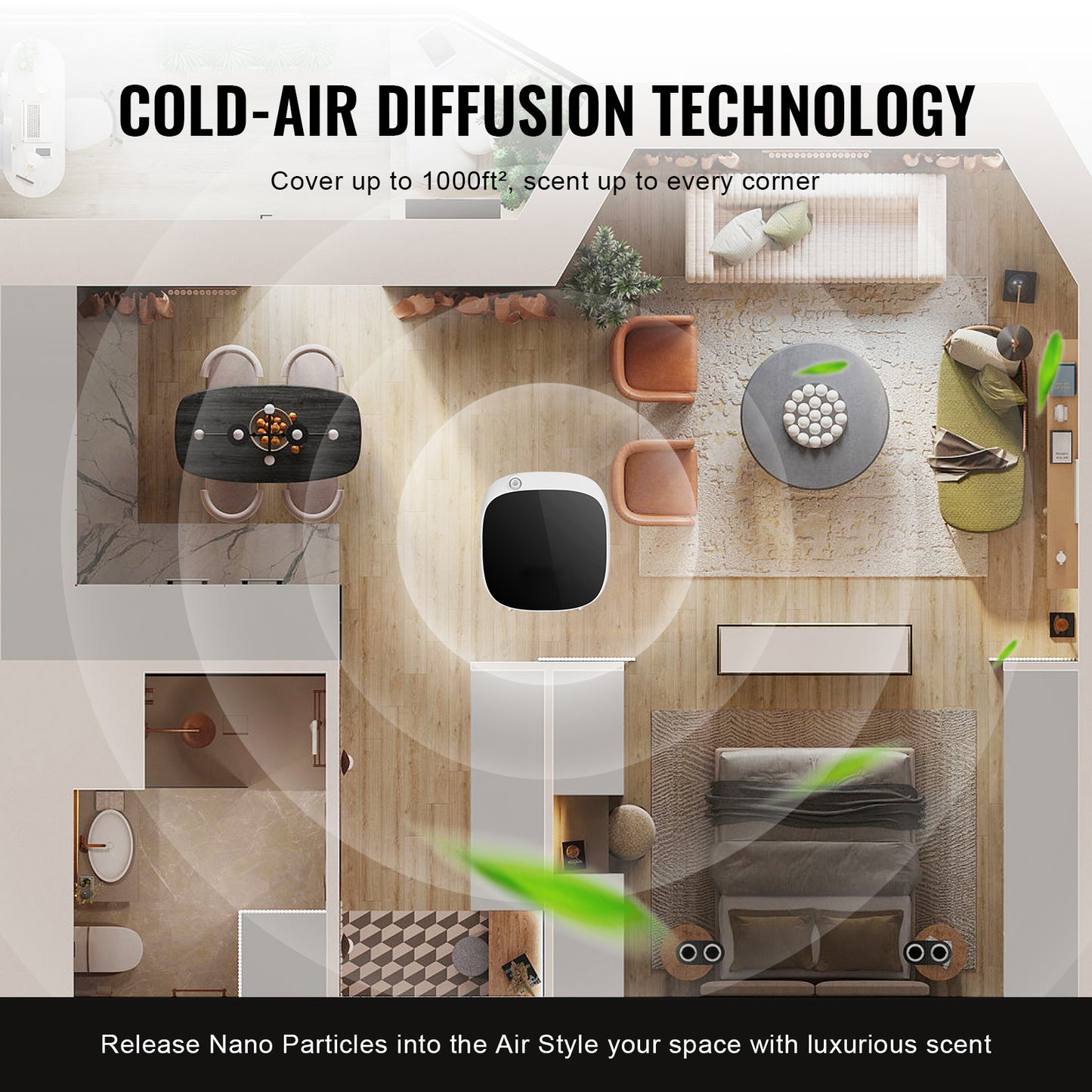 VEVOR Diffuseur d'huiles essentielles intelligent sans eau, alimenté par USB et batterie, pour la maison, le salon, la salle de bain et le spa.