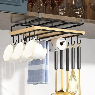 Étagère de rangement suspendue sous armoire, idéale pour la cuisine, permet d’organiser planches à découper et accessoires.