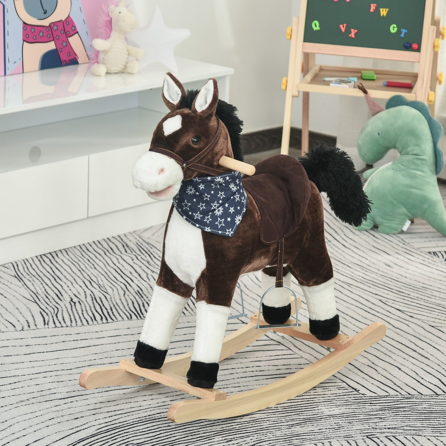 Plush Cowboy Rocking Horse, Wooden Ride-On With Realistic Sounds, Wild West Fun, Brown, For 3-6 Years
