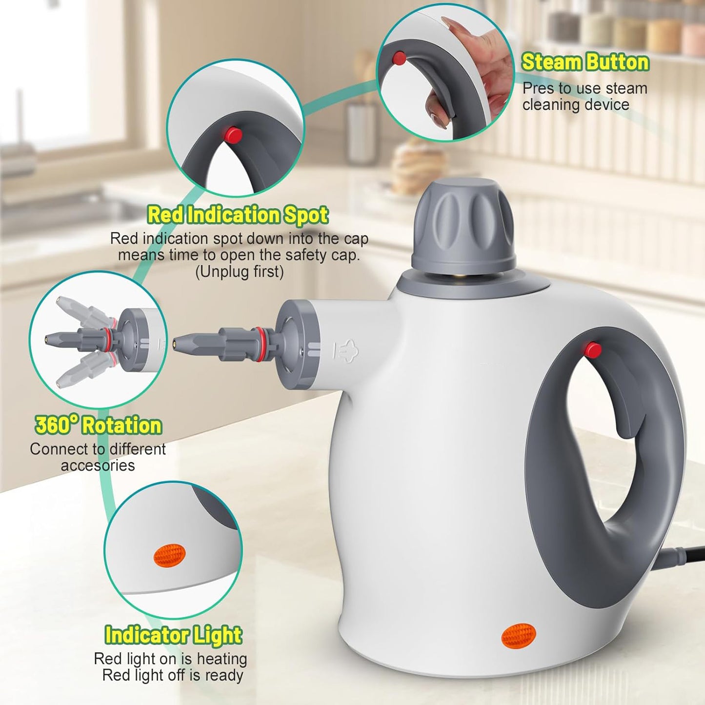 Nettoyeur vapeur portatif avec sécurité, réservoir 500 ml et 12 accessoires, idéal pour désinfecter et éliminer les saletés tenaces.