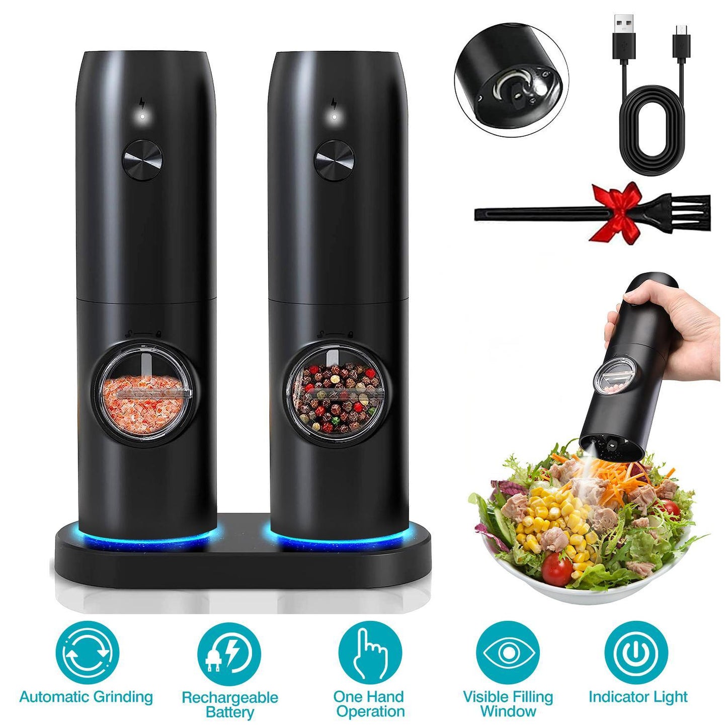 Moulin électrique à sel et poivre rechargeable avec base de charge – Moulin automatique avec indicateur LED, réglage de la mouture, utilisation à une main facile
