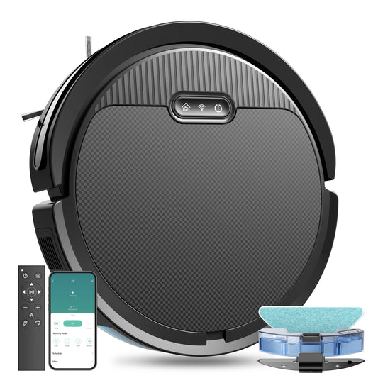Aspirateur robot 3-en-1 avec fonction lavage, 5000 Pa, autonomie 120 min, auto recharge, ultra-fin, idéal poils d’animaux et sols durs.