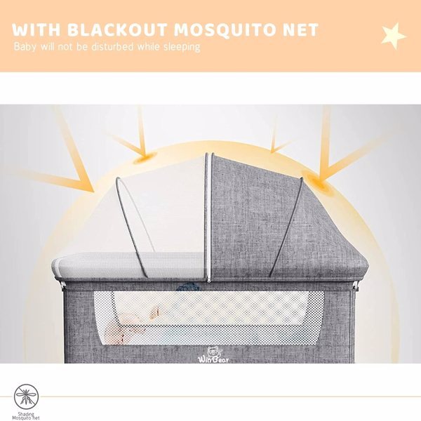 Berceau de chevet 3 en 1 avec moustiquaire, grand sac de rangement, matelas confortable avec roulettes verrouillables, gris