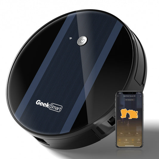 Aspirateur robot Geek Smart G6 Plus, ultra-fin, aspiration 1800 Pa, recharge automatique, Wi-Fi et application mobile, idéal pour sols durs et tapis.
