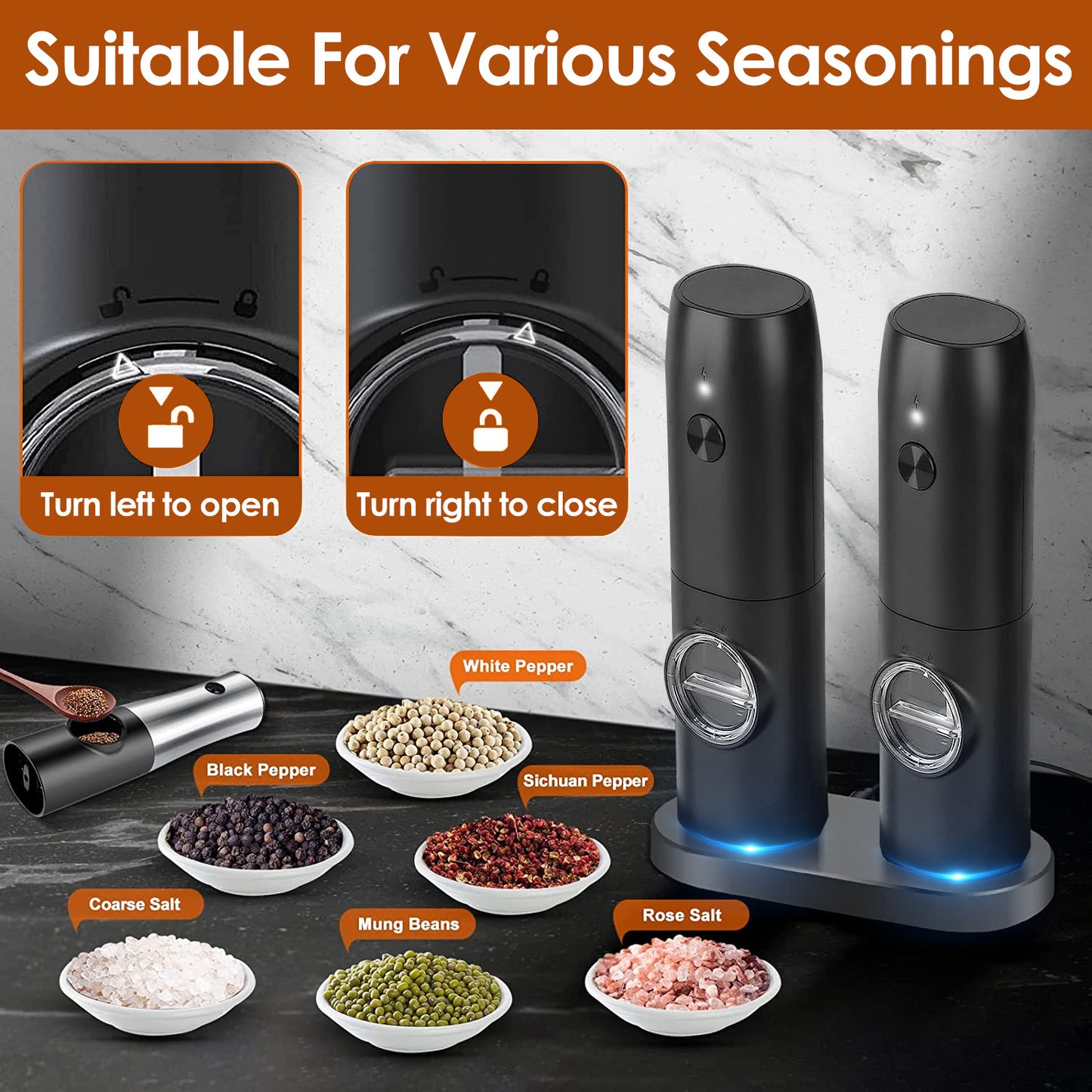 Moulin électrique à sel et poivre rechargeable avec base de charge – Moulin automatique avec indicateur LED, réglage de la mouture, utilisation à une main facile