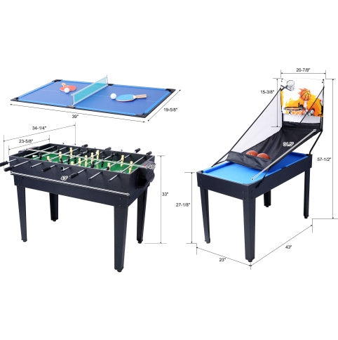 Table multi-jeux 5 en 1 : billard, baby-foot, ping-pong et basket-ball, noir et bleu