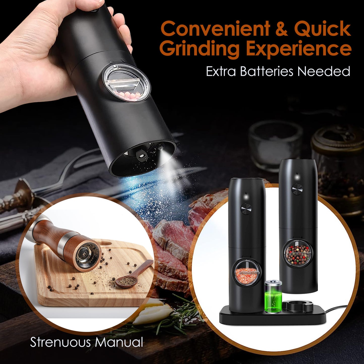 Moulin électrique à sel et poivre rechargeable avec base de charge – Moulin automatique avec indicateur LED, réglage de la mouture, utilisation à une main facile