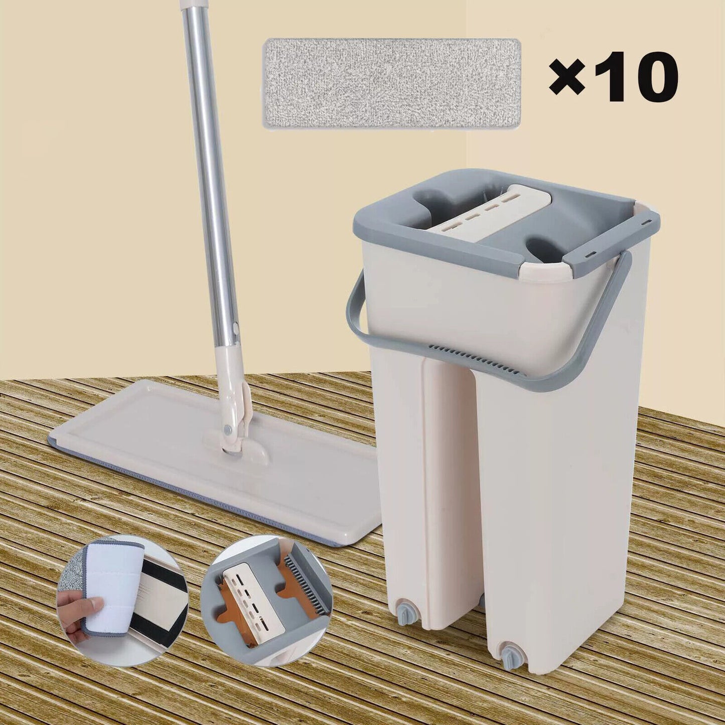Kit serpillière plate multifonction avec seau essoreur et 10 tampons de rechange.