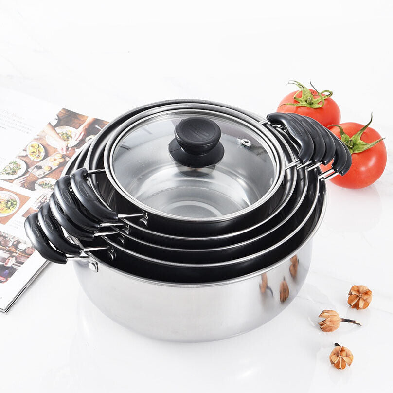 Lot de 5 casseroles en acier inoxydable, compatibles induction, idéales pour la cuisine quotidienne.