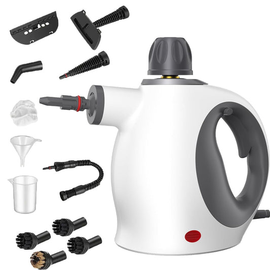 Nettoyeur vapeur portatif avec sécurité, réservoir 500 ml et 12 accessoires, idéal pour désinfecter et éliminer les saletés tenaces.