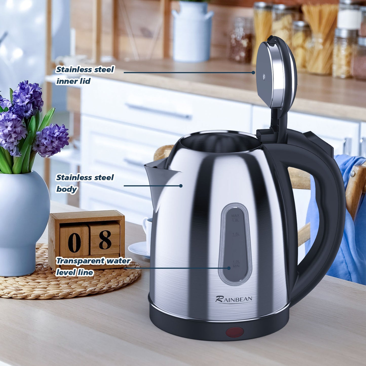 Bouilloire électrique 1,8 L pour thé, café et eau chaude, avec arrêt automatique et protection contre l’ébullition à sec.