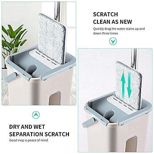 Kit serpillière plate multifonction avec seau essoreur et 10 tampons de rechange.