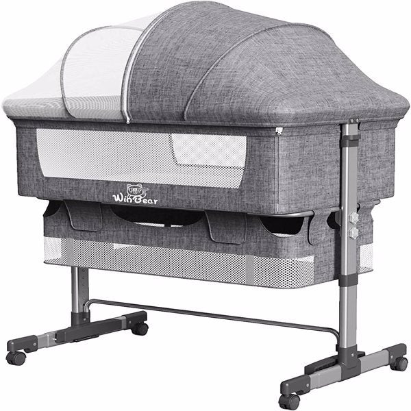 Berceau de chevet 3 en 1 avec moustiquaire, grand sac de rangement, matelas confortable avec roulettes verrouillables, gris